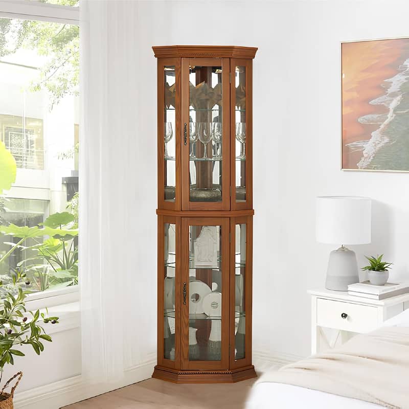 Roomfitters Wooden Corner Display Curio Cabinet, Lighted China Cabinet with Tempered Glass Door
