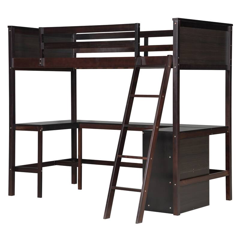 Roomfitters Twin Size Loft Bed with Shelves and Desk, Wooden Loft Bed with Desk