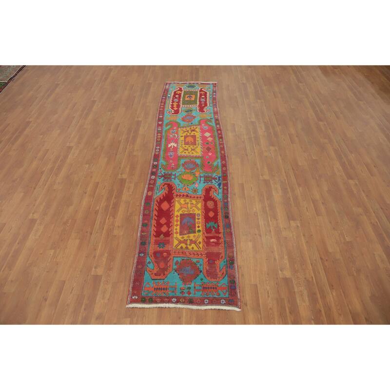 Hand Knotted Oriental 100% Wool Carpet Traditional Tribal Navy Blue & Blues Ardebil Runner Rug - 10' 7'' X 2' 6''
