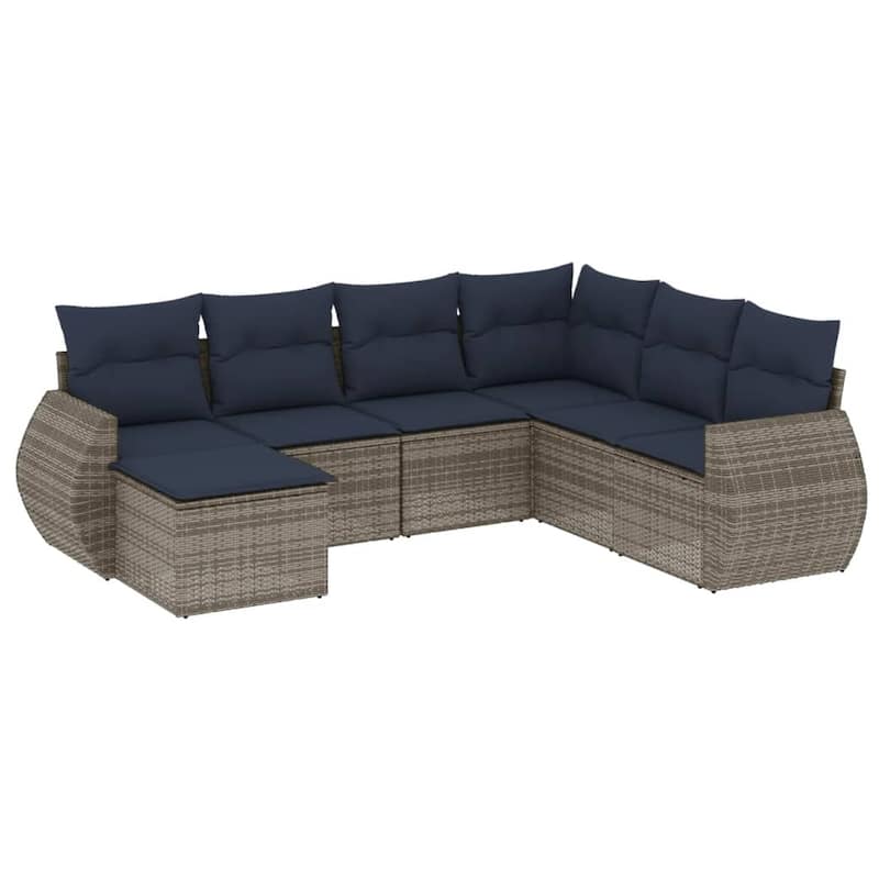 vidaXL 7 Piece Patio Sofa Set with Cushions Grey Poly Rattan - 24.4" x 24.4" x 27.2"