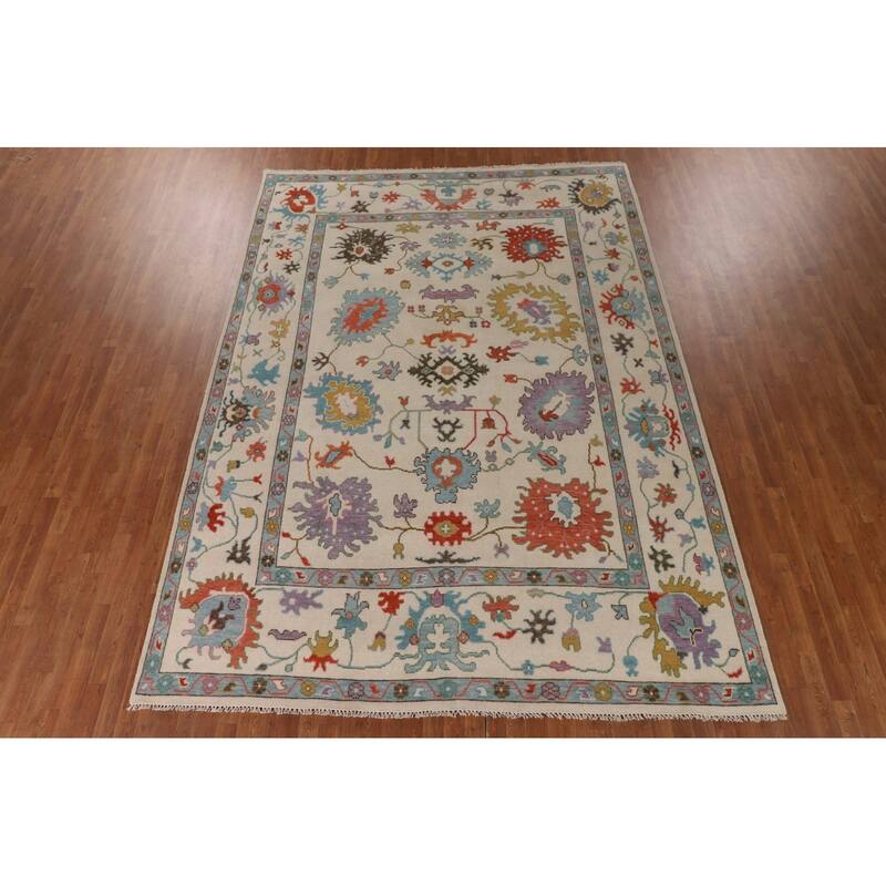 Beige Transitional Floral Oushak Area Rug Hand-Knotted Wool Carpet - 8'9" x 12'0"