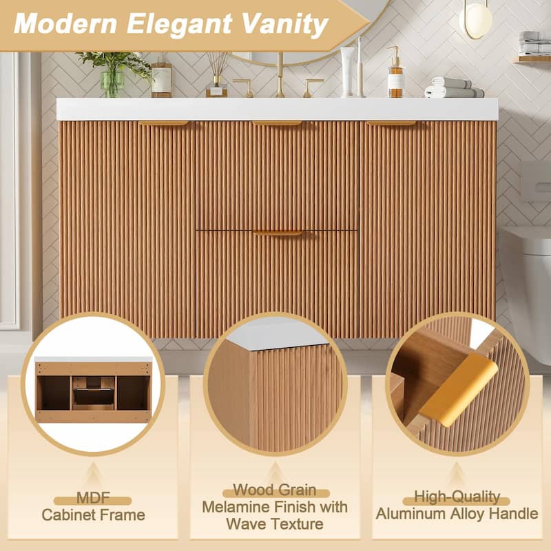 42" Wall-Mounted Single Sink Bathroom Vanity with SMC Top, MDF Cabinet with Solid Wood Frame, U-Shaped Drawers