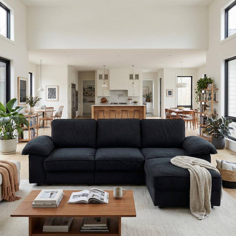 Upholstered L-Shaped Sectional Sofa Couch with Ottoman, Modern Fabric Deep Seat Sofa