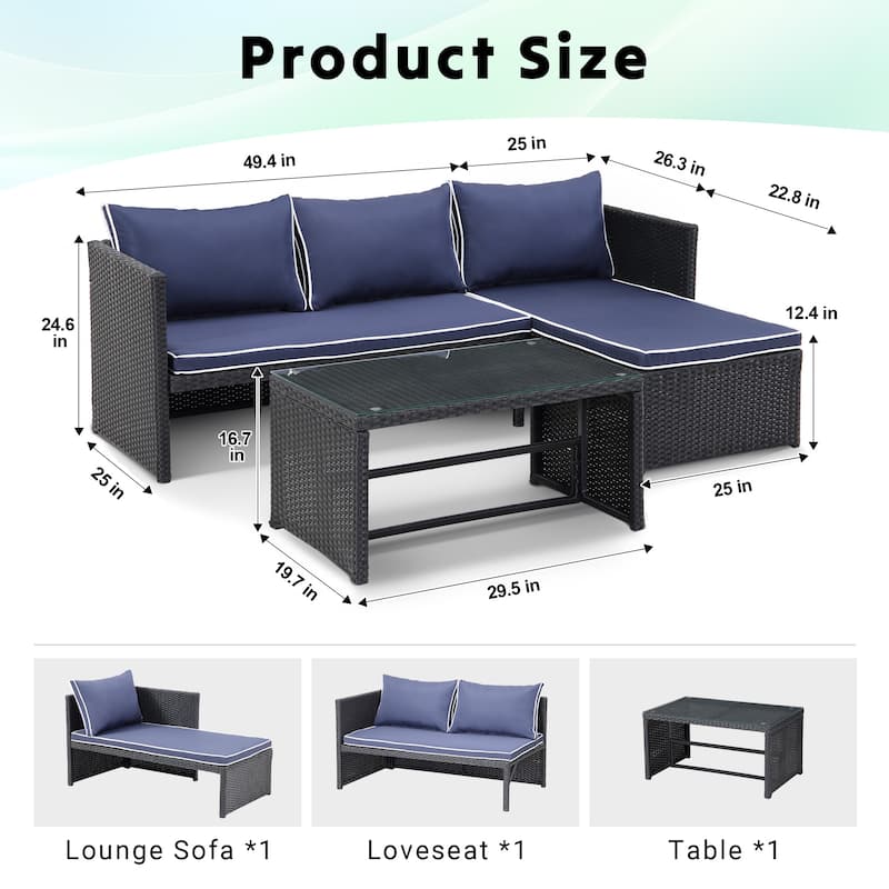 3-Piece Outdoor PE Rattan Furniture Set Patio Wicker Conversation Loveseat Sofa Sectional Couch Cushion