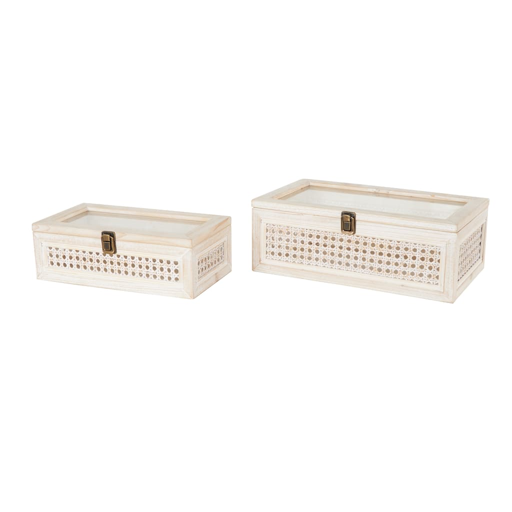 Metal Handmade Woven Storage Box with Bronze Latches and Tempered Glass Tops - Set of 2 Cream - Roche River Decor