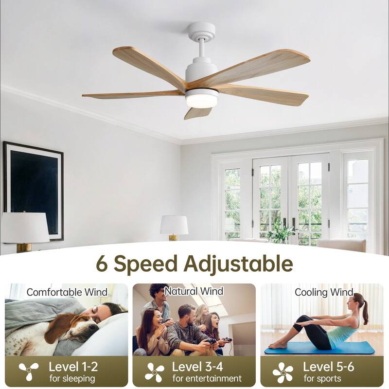 Sofucor 52 inch Solid Wood Flush Mount Ceiling Fan with Lights and Remote, Compatible with Alexa/Google/App, Quiet DC Motor