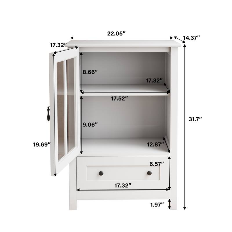 Buffet storage cabinet with single glass doors and unique bell handle