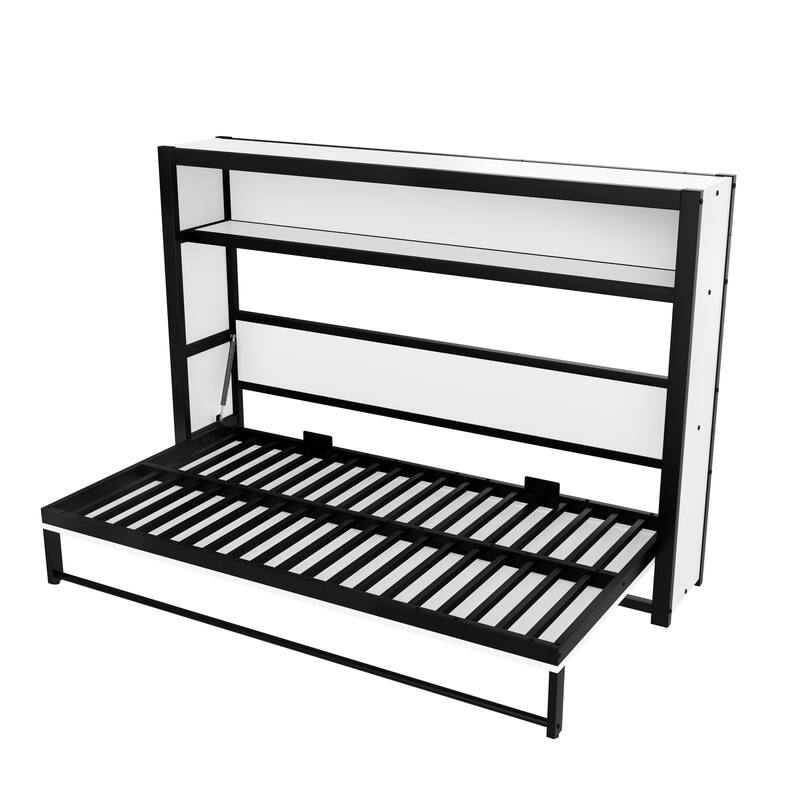 Roomfitters Twin Size Metal Murphy Bed with Shelves, Foldable Wall Bed Frame with Space-Saving Design
