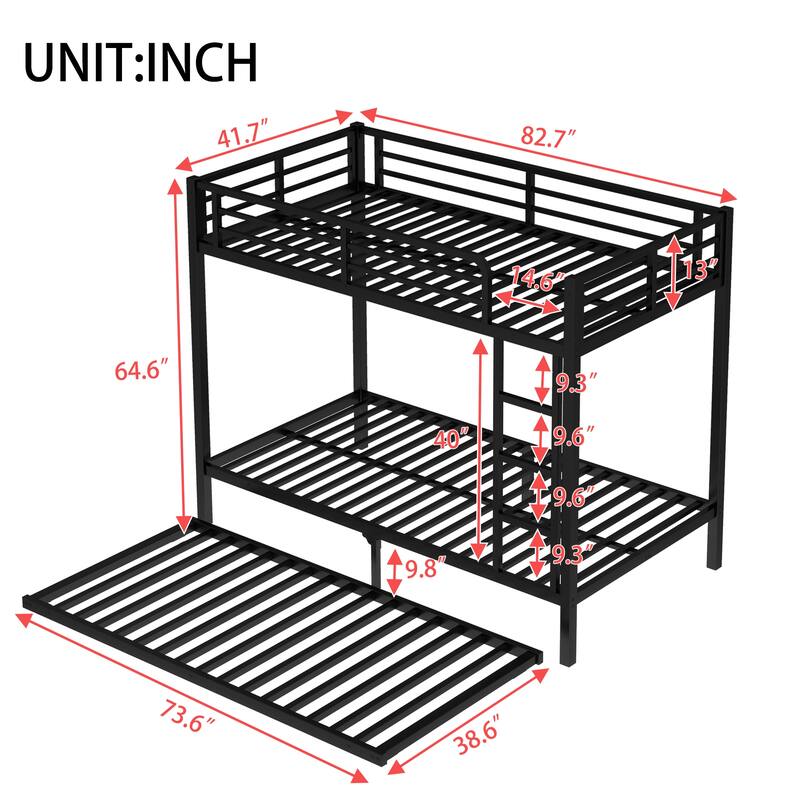 Roomfitters Twin/Full Metal Bunk Bed with Twin Trundle, Space-Saving Design for Teens & Adults, Black