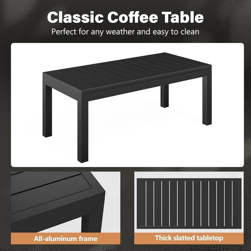 45" Aluminum Coffee Table, Slatted Black Patio Coffee Table