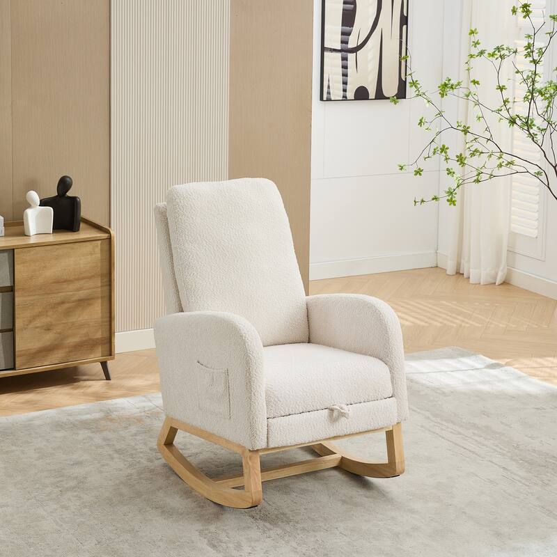 25.4"W Rocking Chair, High Back Glider Chair with Retractable Footrest, Side Pocket, Accent Armchair with Rubber Wood Legs
