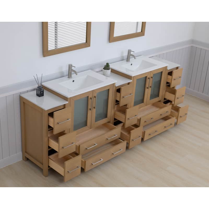 Vanity Art 96" Double Sink Bathroom Vanity Set 13 Dove-Tailed Drawers 5 Cabinets 2 Shelves, Soft-Closing Doors with Free Mirror