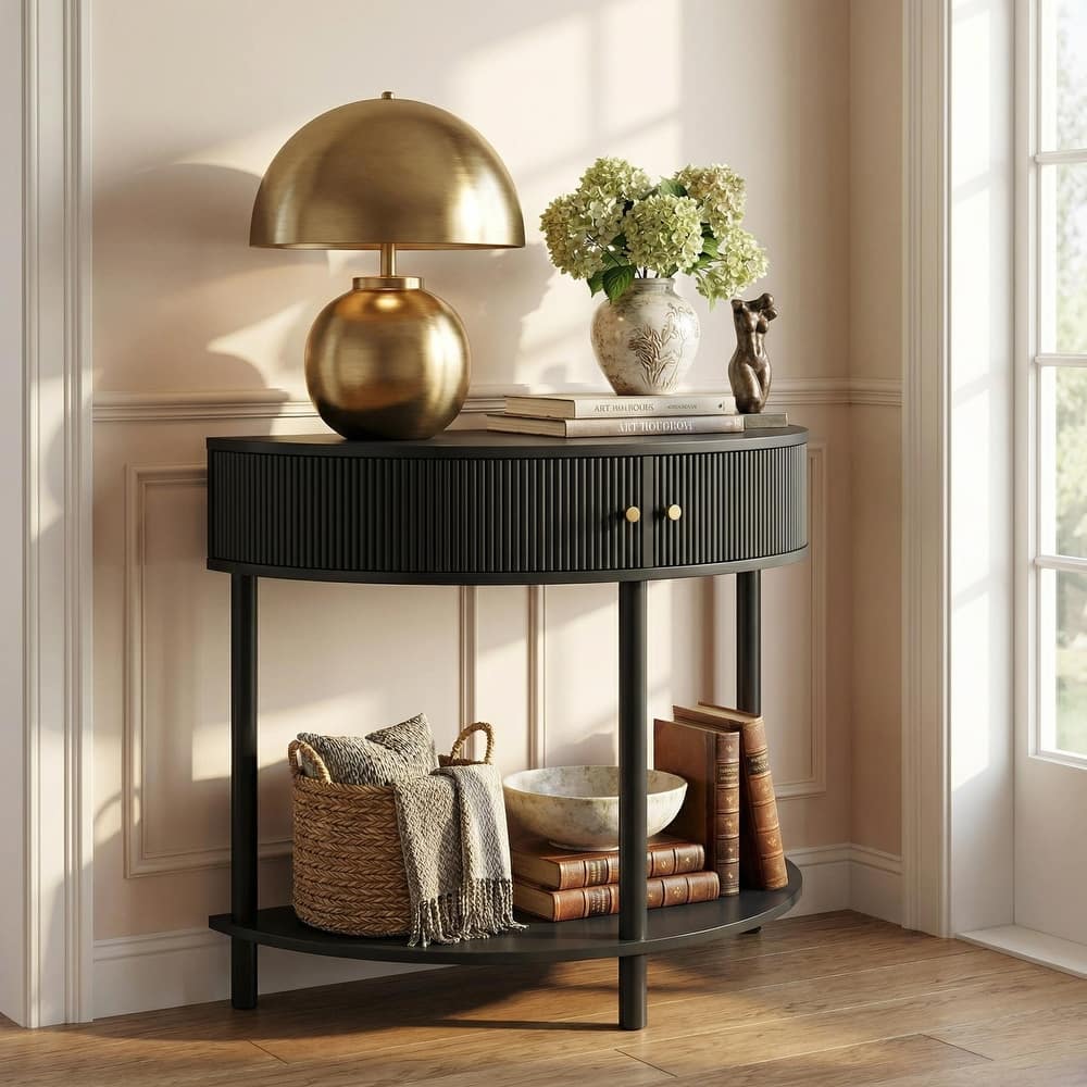 Homy Casa 31.5" Demi-Lune Console Table with 2 Drawers & Shelf, Wave-Pattern Front, Solid Wood Legs, Multiple Colors