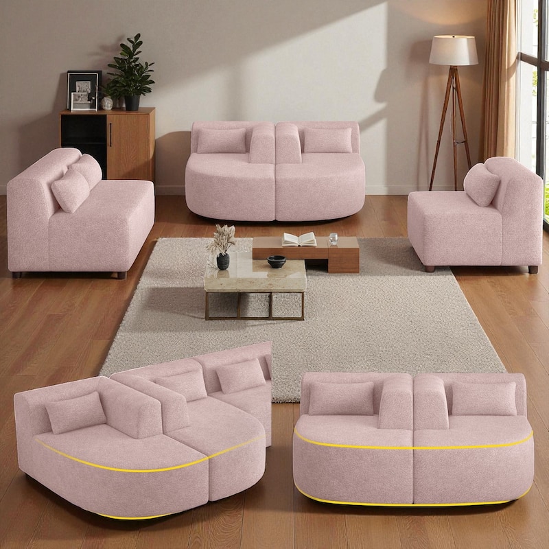 144" Modular Upholstered Sofa with 2 Curved Chaise Lounges and 5 Back Pillows, Boucle Free-Combined Couch for Living Room