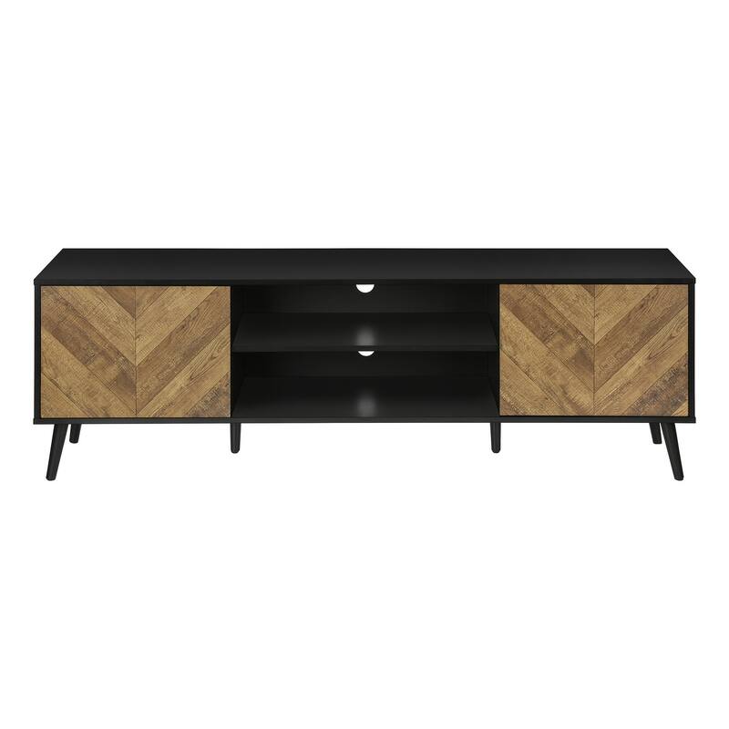 Modern 72" TV Console, Media Storage Cabinet with Slanted Groove Doors, Black Wood Legs