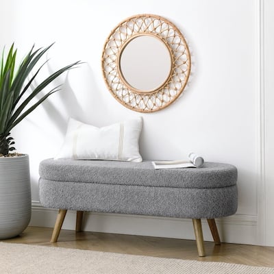 44" Beige Boucle Storage Ottoman Bench for Living Room Bedroom,Oval Storage Bench Ottoman Foot Rest Wood Legs