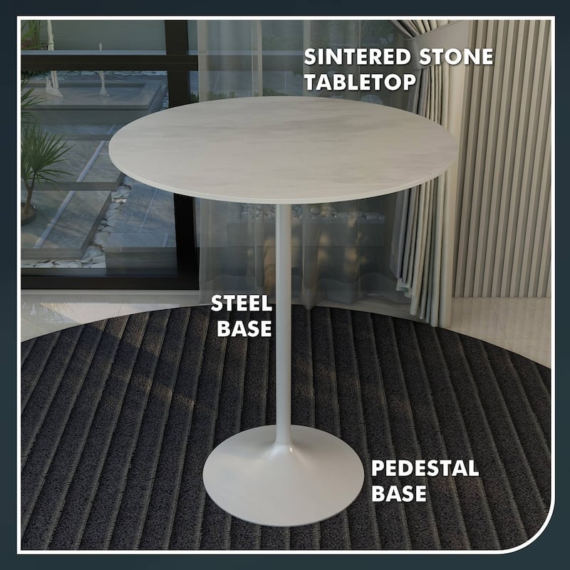 LeisureMod Verve 36" Bar Dining Table with Sintered Stone Round Top in White Steel, White Marbleized