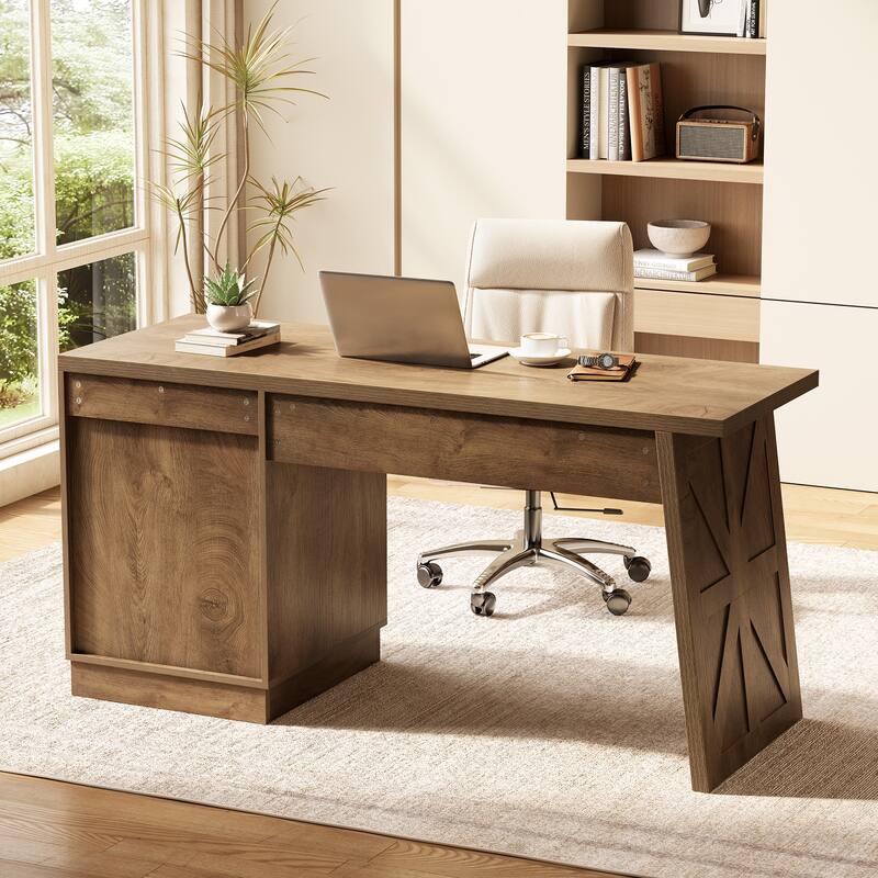 Computer Desk with Drawers - Natural Brown