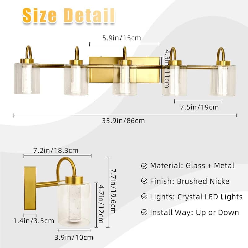 Mid-century Modern Brushed Gold Vanity Lights with Crystal Bubble Glass
