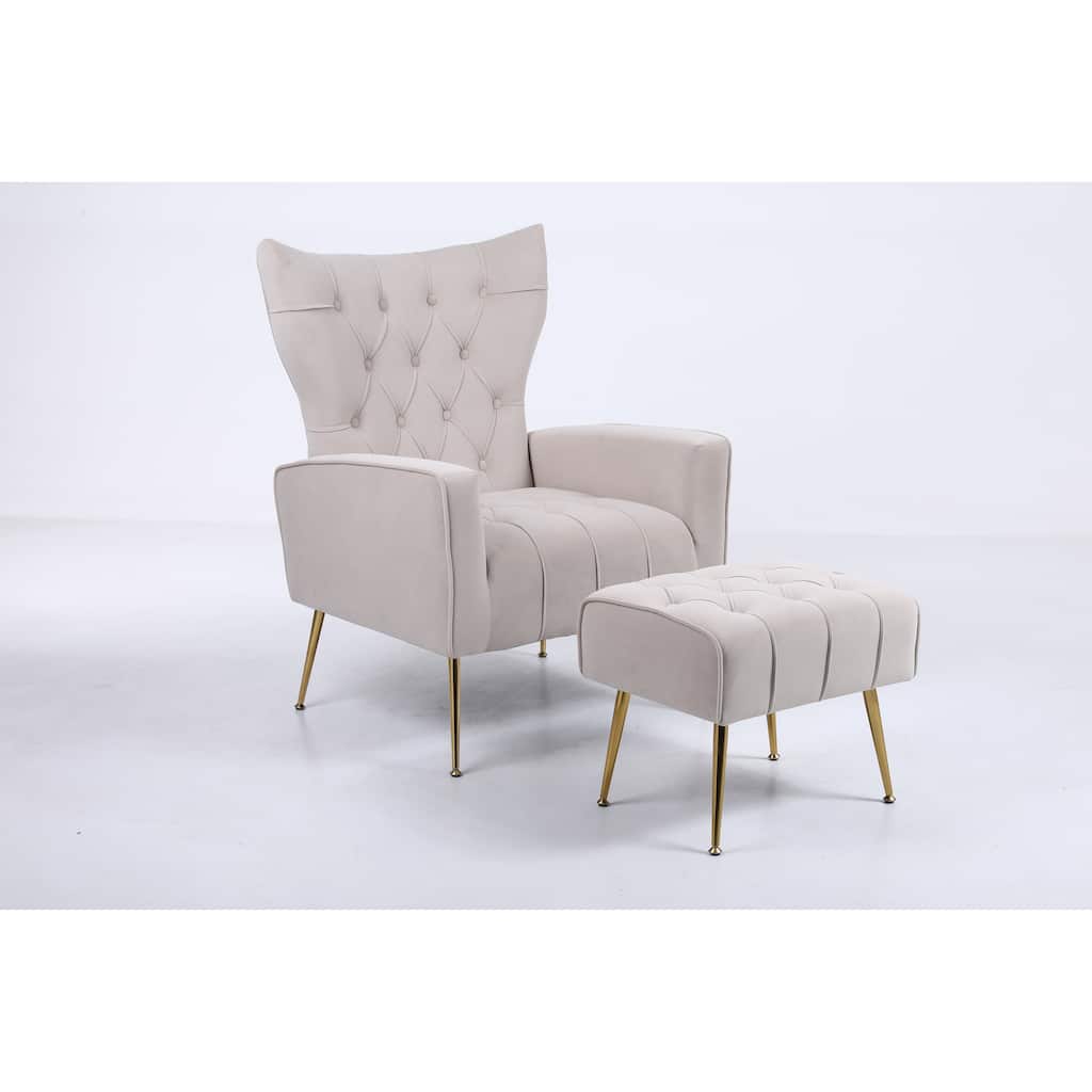 Upholstered Accent Chair with Tufted Cushions and Ottoman In Beige