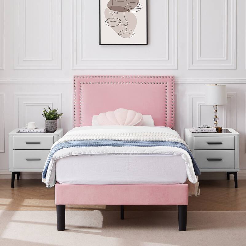 VECELO Upholstered Bed Frames with Height Adjustable Headboard - Pink - Twin