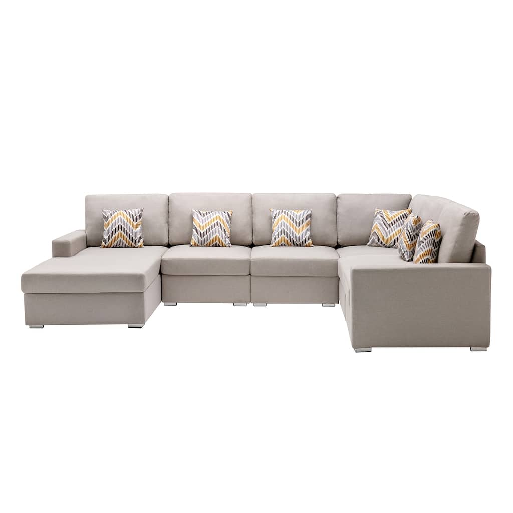 Linen Fabric 6 Piece Reversible Chaise Sectional Sofa with 6 Pillows and Interchangeable Legs