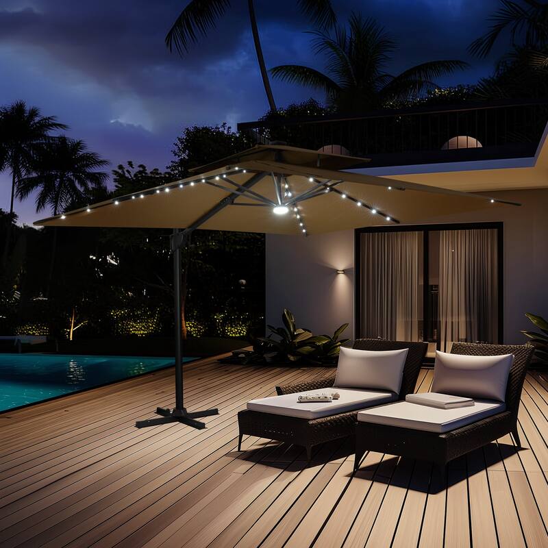 9 FT x 11 FT Outdoor Double Top LED Lighted Patio Cantilever Umbrella
