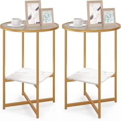 2PCS Glass End Table 2-Tier 20" Round Side Table with Storage Shelf