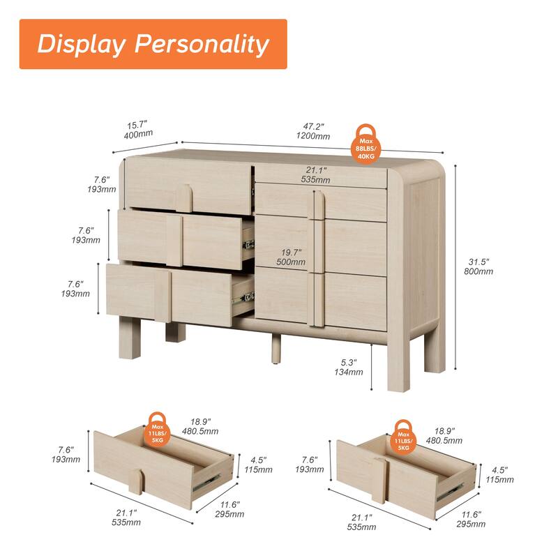 WAMPAT Mid Century Wood 6 Drawer Dresser For Bedroom, Modern Chest Of Drawers With Curved Profile Design