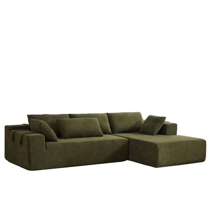 Chenille Upholstered Sectional Daybed Modular Sleeper Couch L Shape Sofa with Chaise Lounge & 6 Pillows for Living Room Loveseat