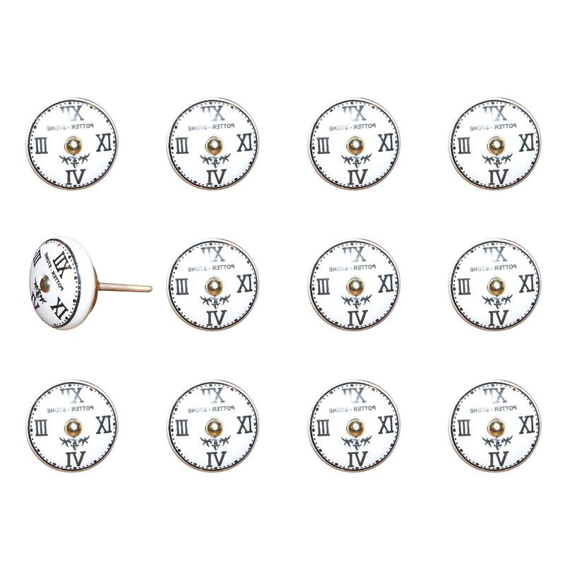 Set of 12 Hand-Painted Ceramic Clock Face Cabinet Knobs in Black White Gold for Furniture Decor - 1.5” x 1.5” x 1.5”