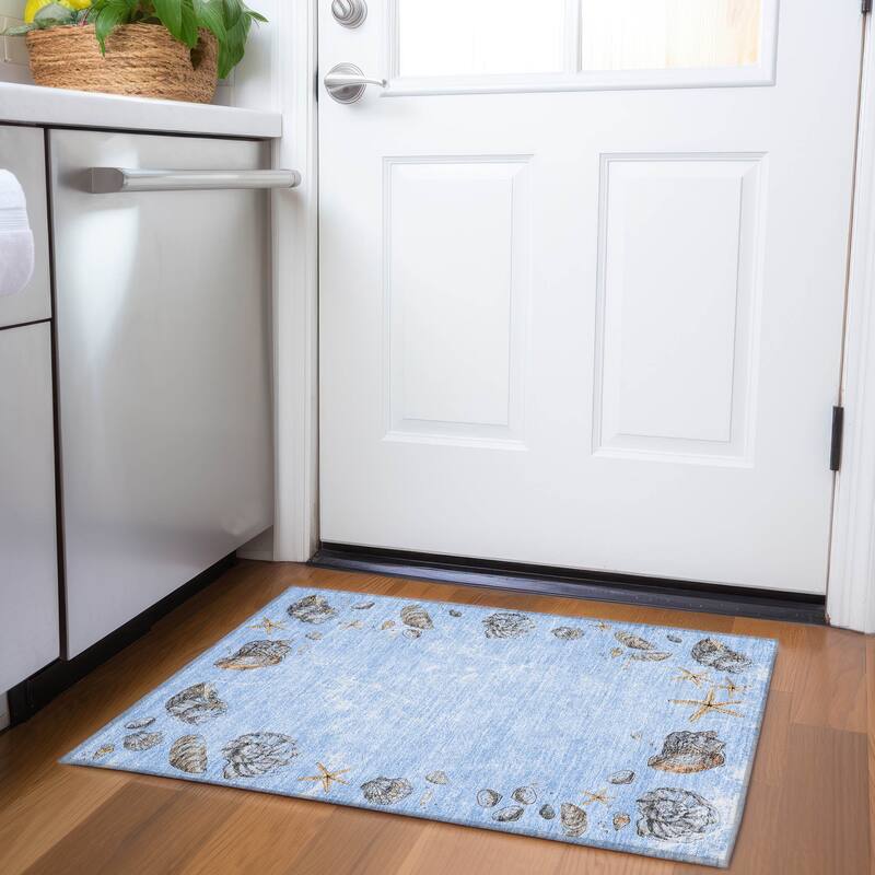 Premium Washable Super Soft Coastal Shell Border Mayfield Rug - Blue - 1' 8" x 2' 6" - Rectangle