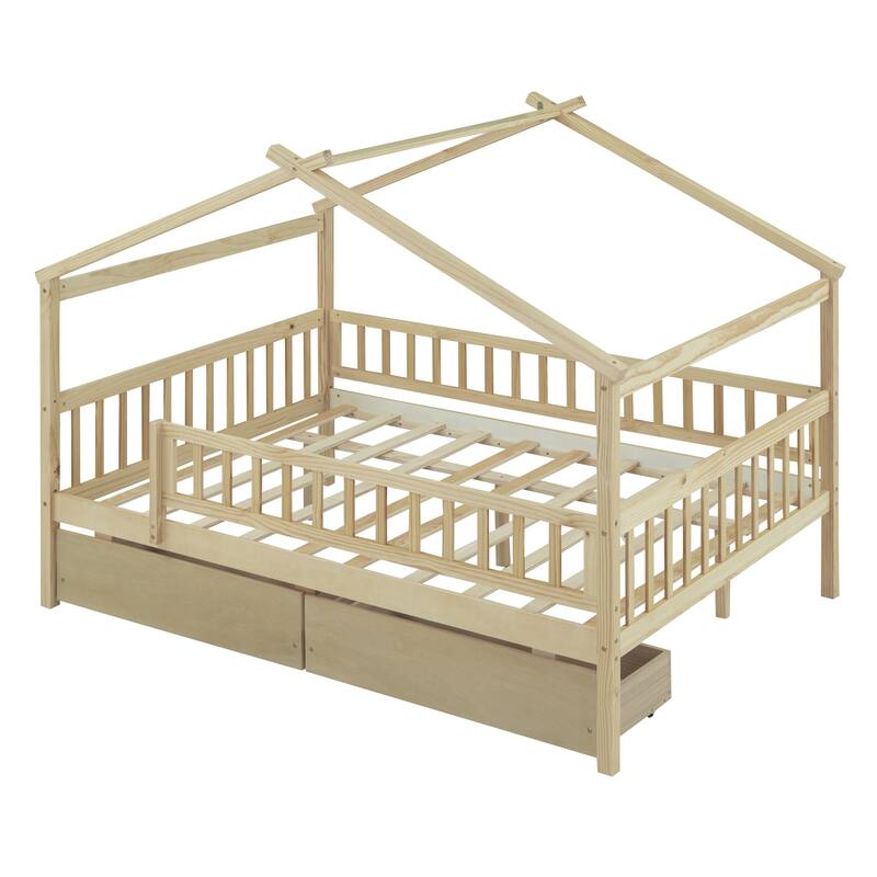 Charming Full Size Wooden House Daybed with Two Storage Drawers