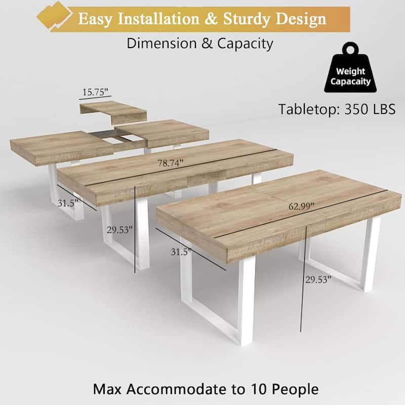 Large Expandable Dining Table, Wooden Kitchen Expanding Table for 6 8 10, Rectangular Conference Table