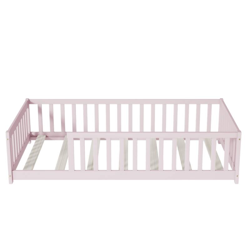 Twin Size Floor Bed with Fence without Door, Rubber Wood Floor Bed with Safety Guardrails
