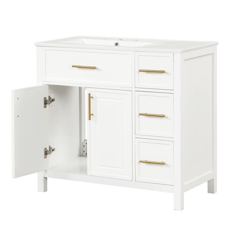 Roomfitters 36" Bathroom Vanity with Sink, Left-Side Basin, Solid Wood Frame, 2 Doors & 3 Drawers