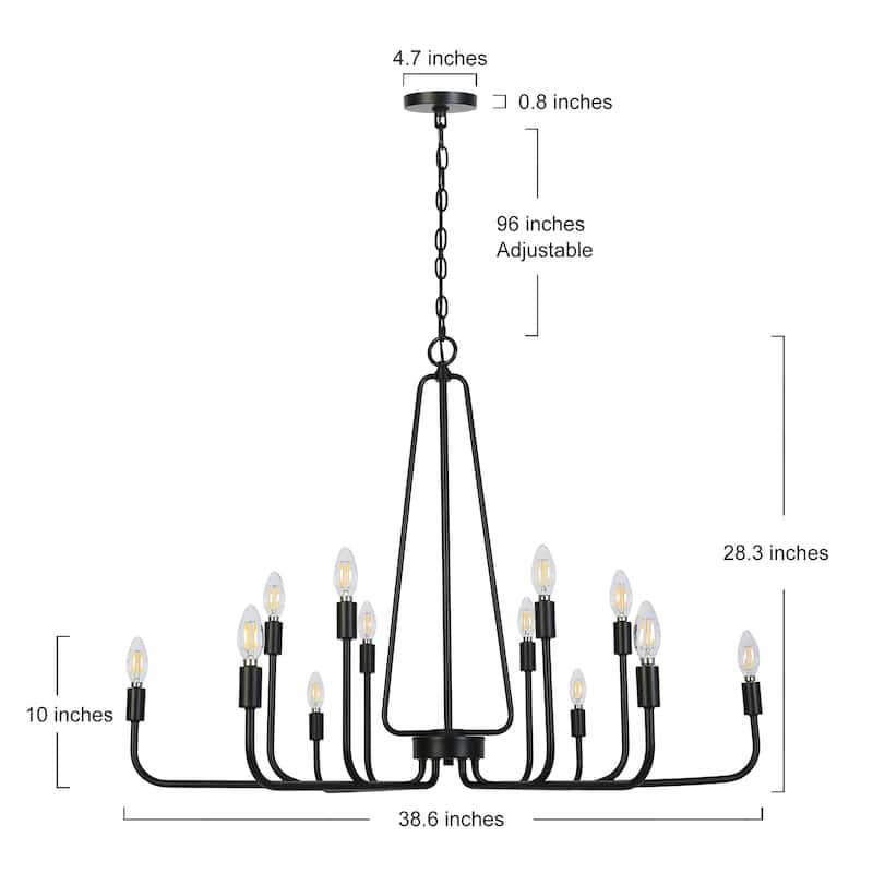 Modern 12-Light Black 39 IN Classic Chandelier Transitional Candle Lights - 38.6" W x 28.3" H