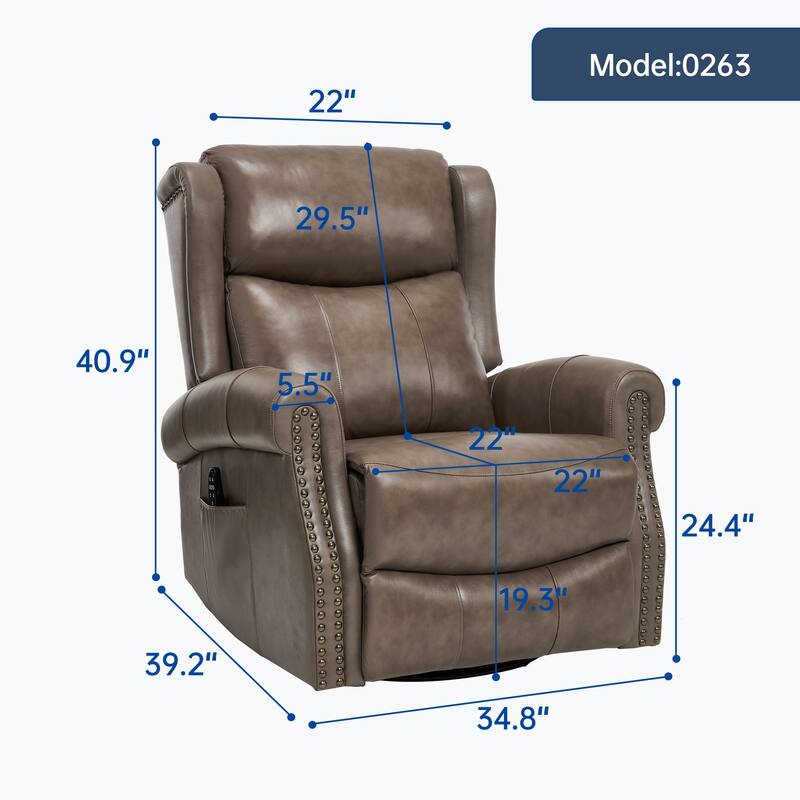 Manual Recliner Chair with Heat & Massage, Genuine Leather Swivel Recliner Chair, Lounge Sofa Chair with Side Pockets