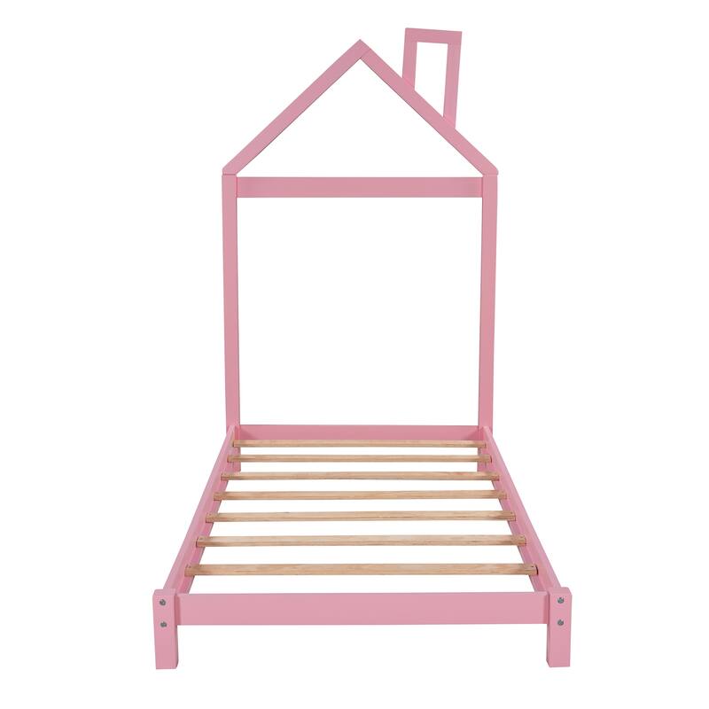 Wood Platform Bed with House-Shaped Headboard