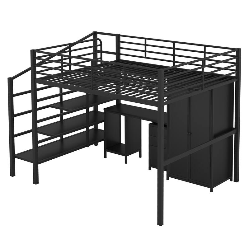 Metal Full Size Loft Bed with Builtin Desk, Storage Bedframe w/ Staircase and Wardrobe for