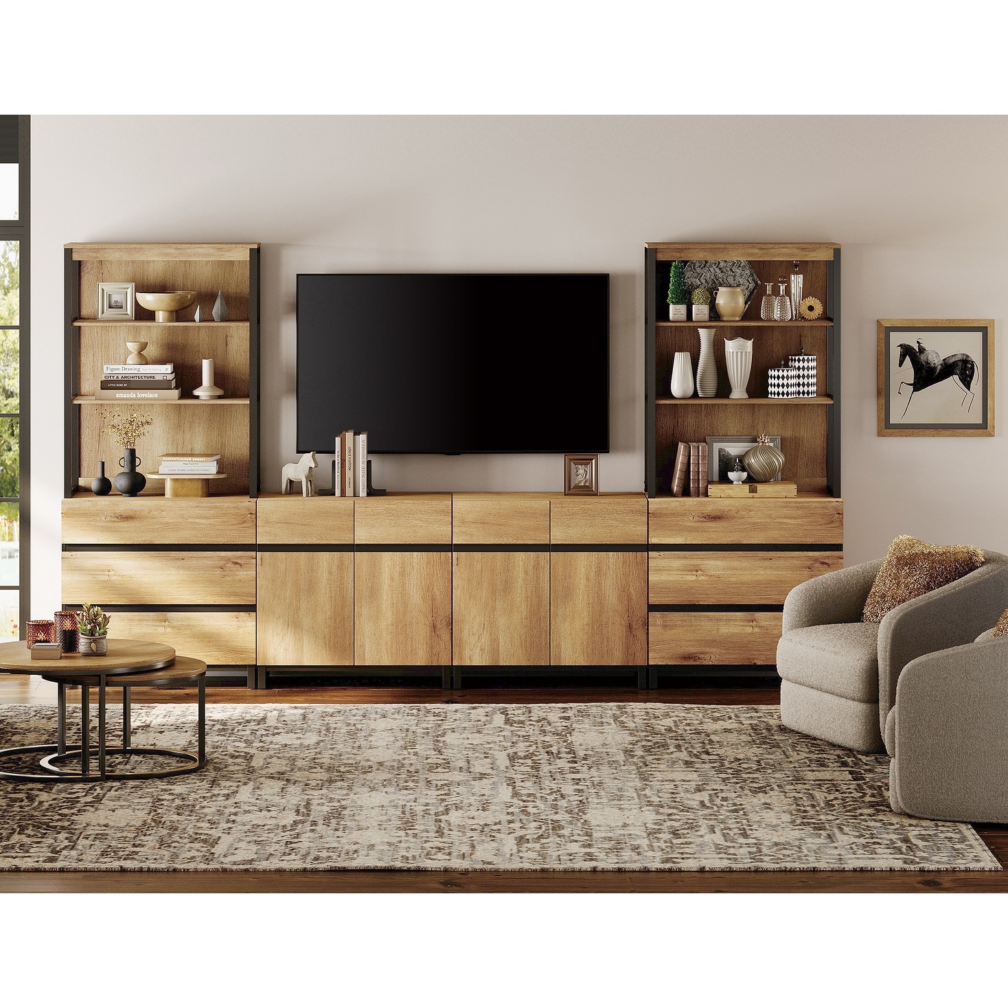 WAMPAT Modern Entertainment Center with 3 Tiers Bookshelf, Farmhouse TV Stand with 2 Storage Cabinets and 6 Drawers