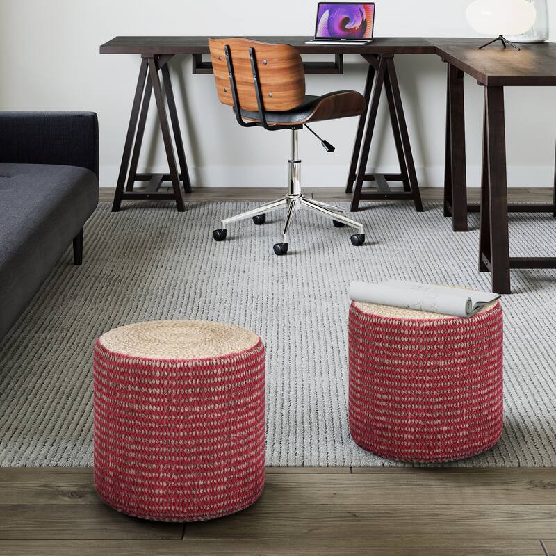 WYNDENHALL Jordi Boho Round Braided Pouf - Natural and Maroon