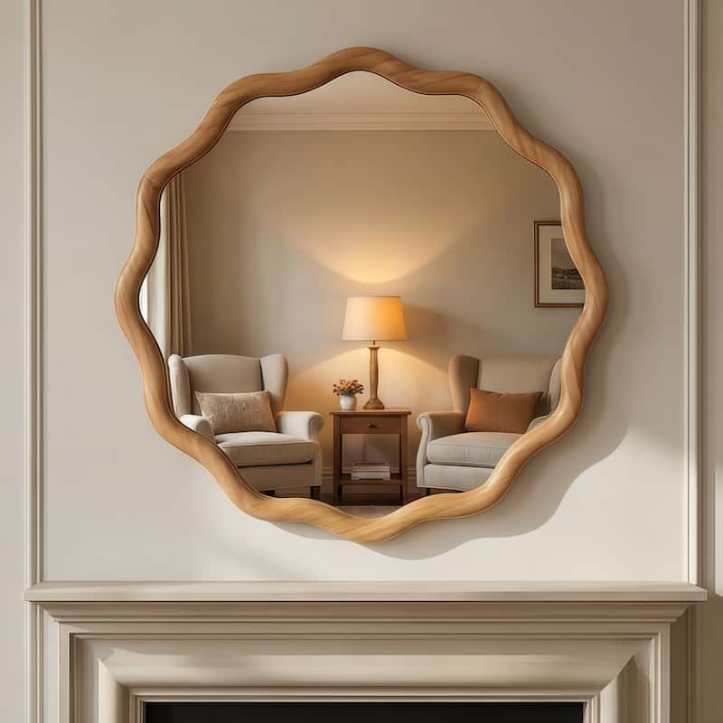 24 inch Wavy Round Solid Wood Frame Decorative Mirror,For Bedroom, Bathroom, Living Room, Entryway