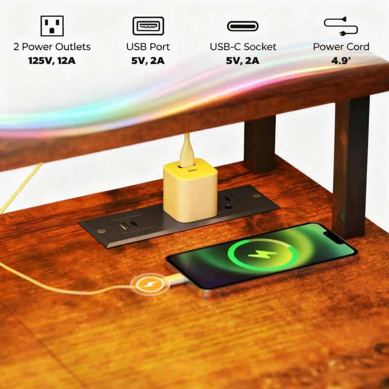 Reversible Computer Desk with Power Outlets and LED Lights, Office Desk with Monitor Stand Storage and CPU Shelf