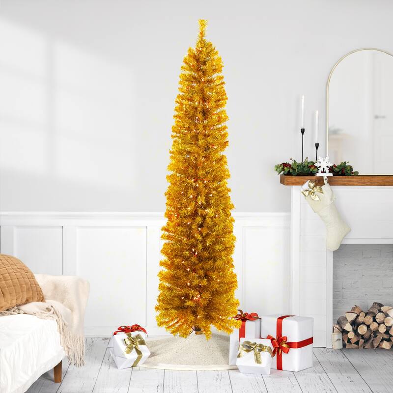 Pre-Lit Pencil Tinsel Artificial Christmas Tree - 6' - Gold - Clear Lights - Red Wire - 6 Foot
