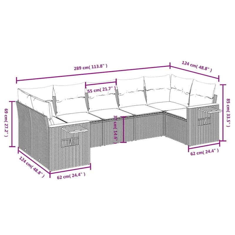 vidaXL Patio Sofa Set with Cushions Outdoor Furniture 7 Piece Poly Rattan - 24.4 x 33.5 x 27.2 in