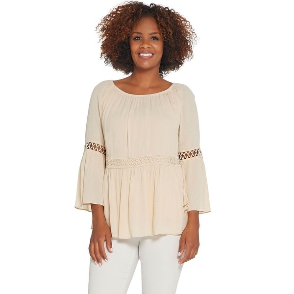 Du Jour Womens Crinkle Gauze Bell Sleeve Top with Lace Inset 1X Cream A308951. Opens flyout.