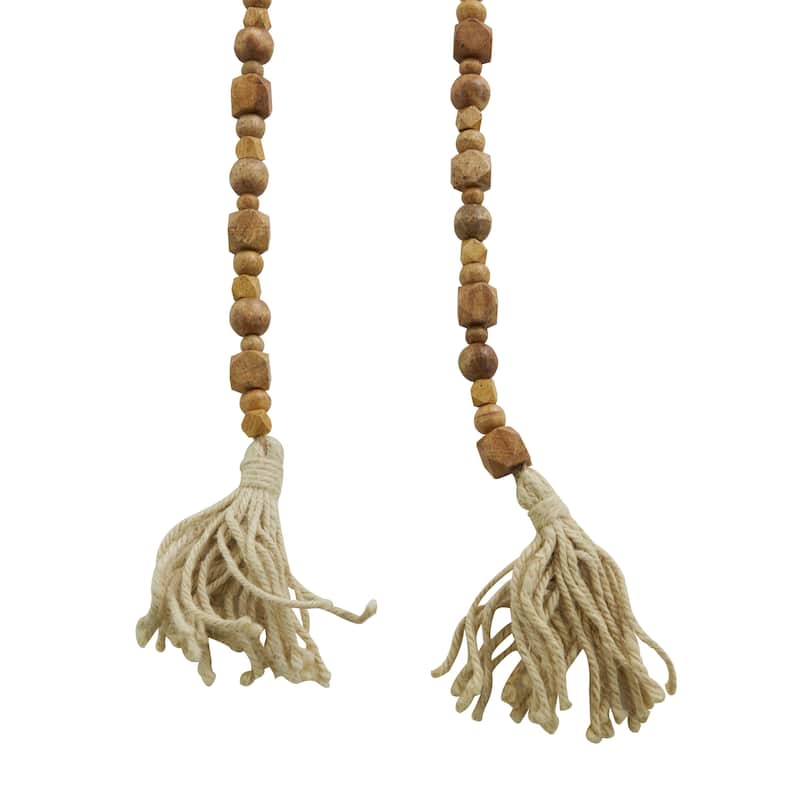 Mango Wood Handmade Hexagon Carved Geometric Long Beaded Garland with Tassel - Roche River Decor