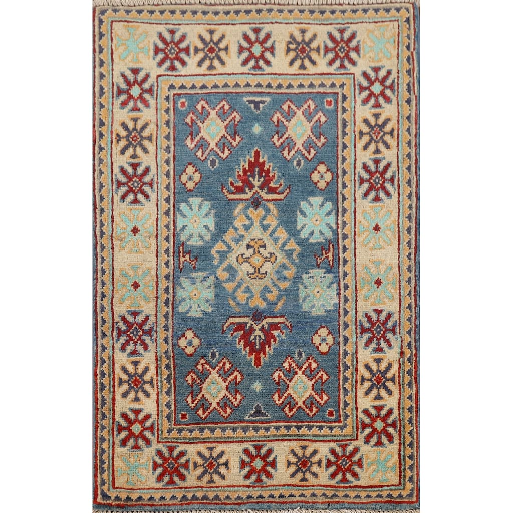 Blue Kazak Oriental Accent Rug Hand-Knotted Wool Carpet - 1'11" x 2'11"