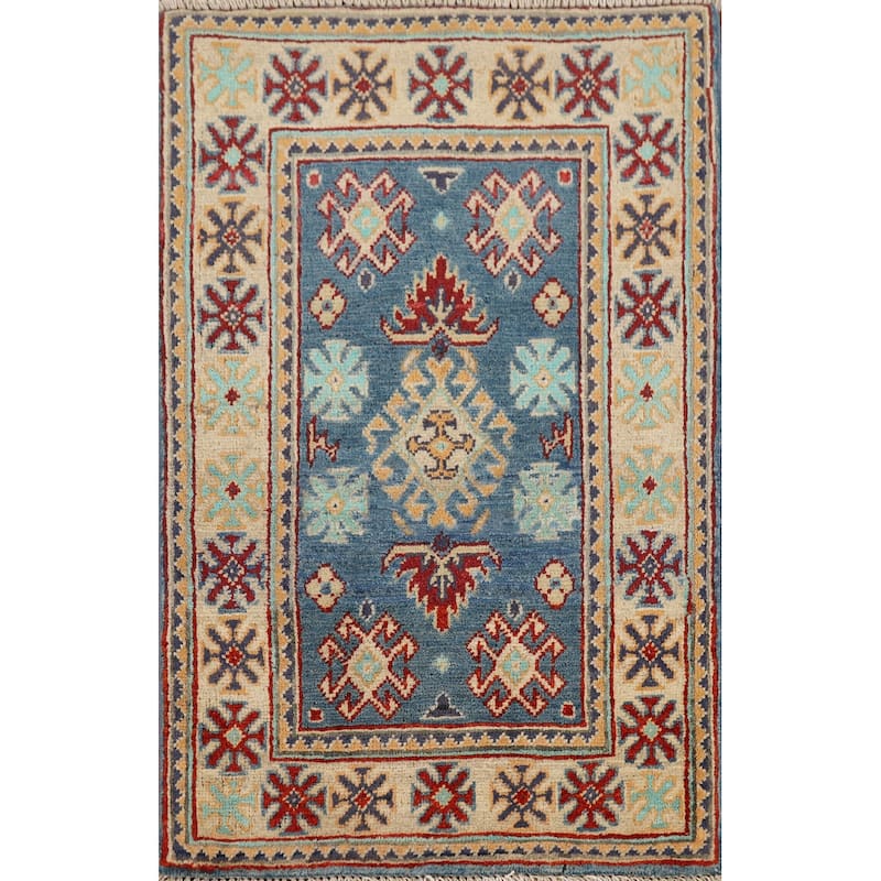 Blue Kazak Oriental Accent Rug Hand-Knotted Wool Carpet - 1'11" x 2'11"